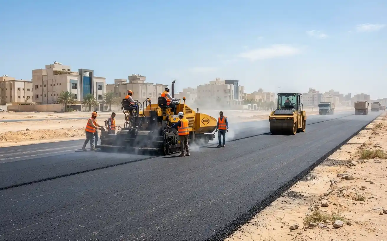 أسفلت حار يُفرد ويُدك في موقع بالدمام