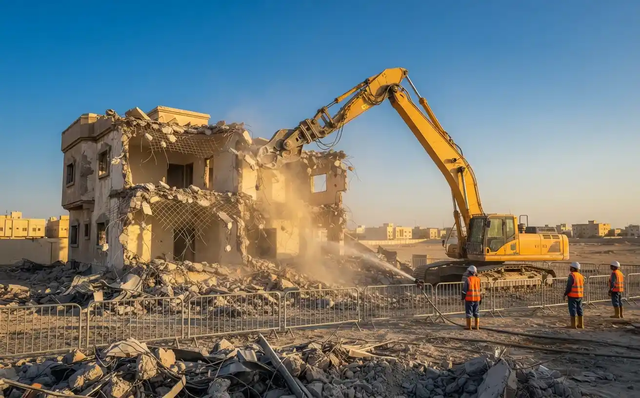 مهندس شركة هدم مباني يراجع العقد مع العميل في الموقع