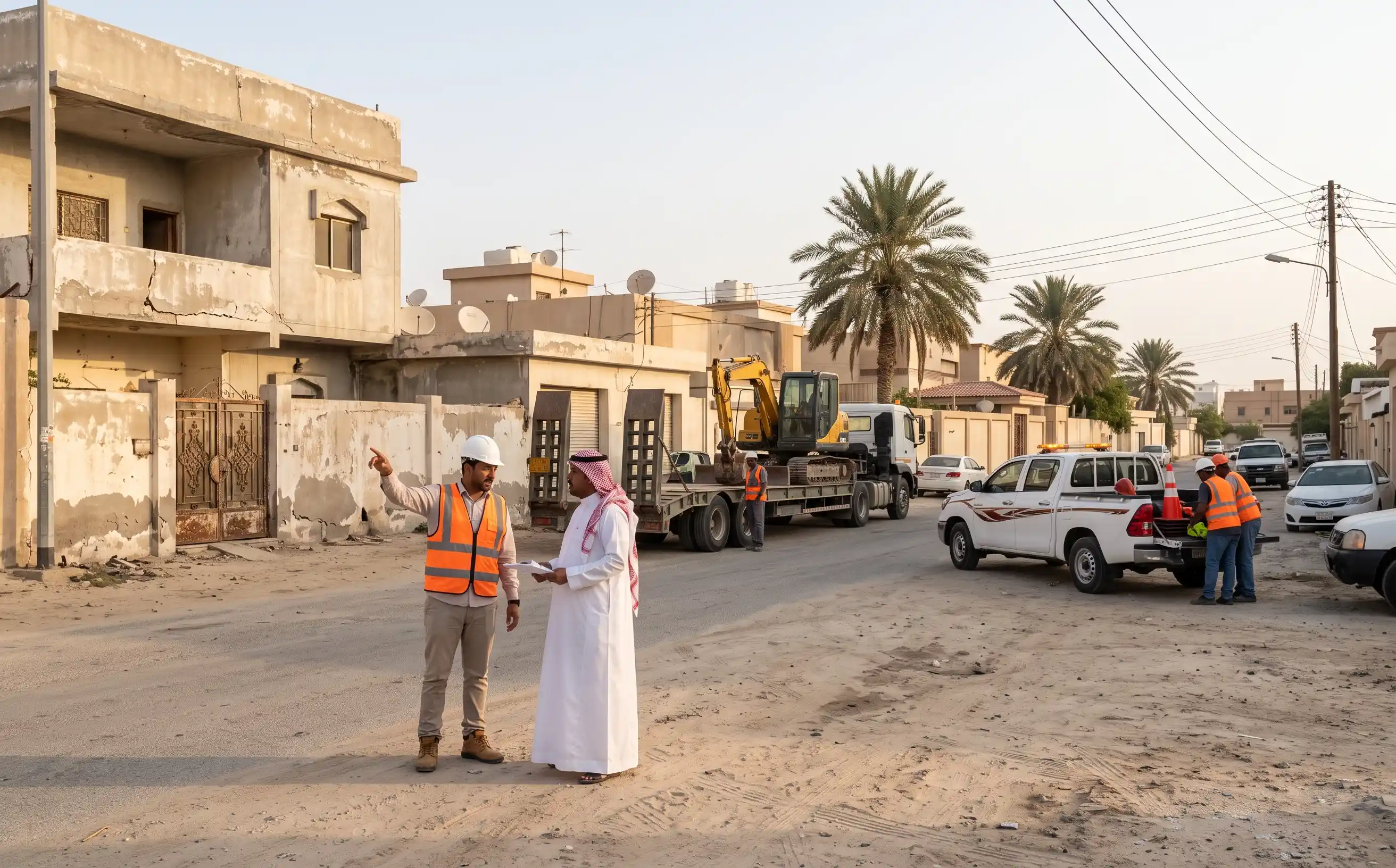 فريق مقاول هدم بالدمام أمام مبنى سكني قديم