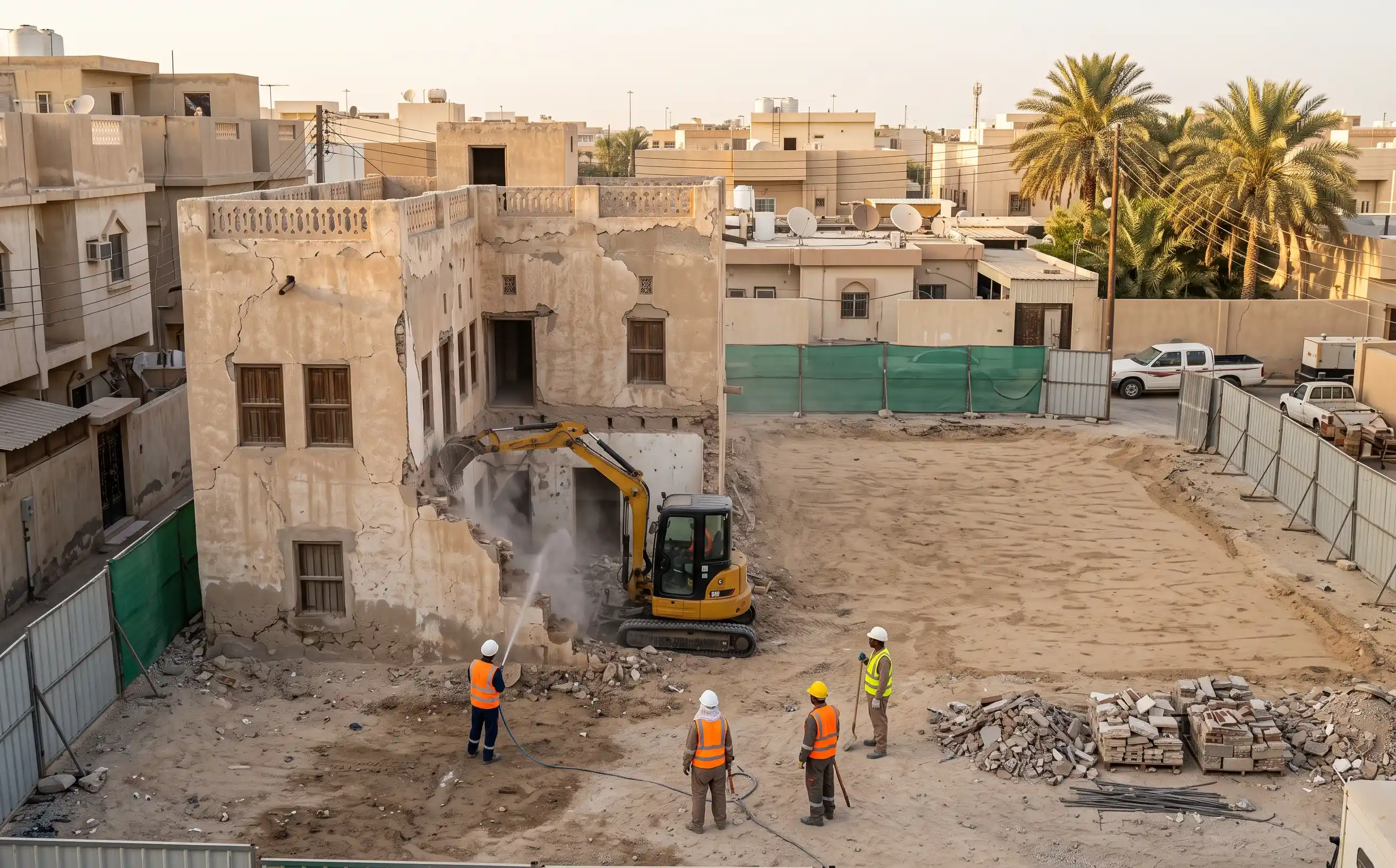 هدم مبنى متعدد الأدوار على مراحل مع سواتر حول الموقع